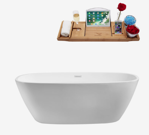 67" Streamline N701WH Soaking Freestanding Tub and Tray With Internal Drain