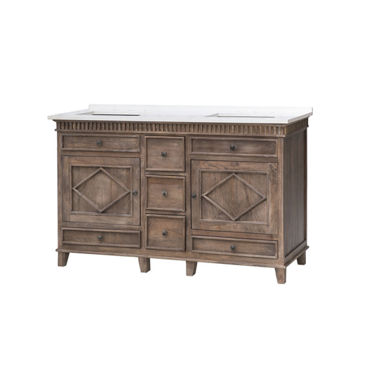 LK3858WT Rustic Wood 58" Vanity w/ White Quartz Top