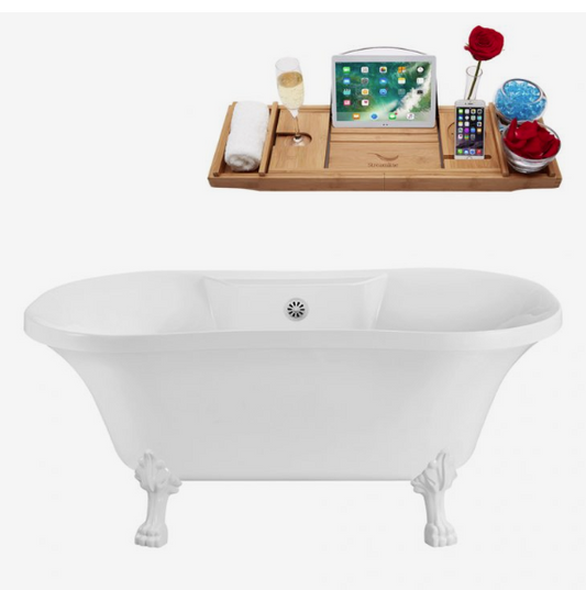 60"  001 Soaking Clawfoot Tub and Tray With External Drain