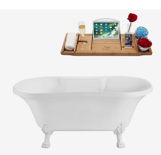 60" 011 Soaking Clawfoot Tub and Tray With Internal Drain