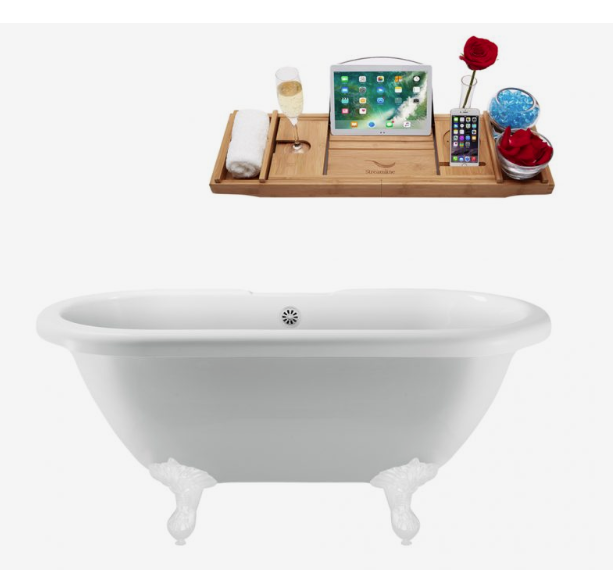 67" Streamline N1121WH-WH Clawfoot Tub and Tray With External Drain