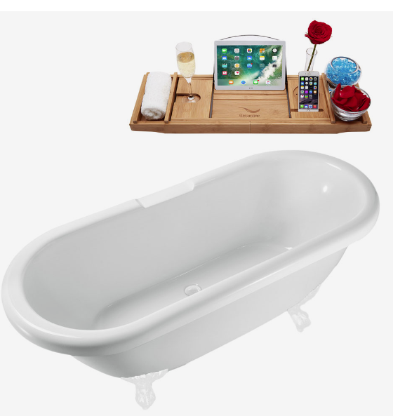 67" Streamline N1123WH-WH Clawfoot Tub and Tray With Internal Drain