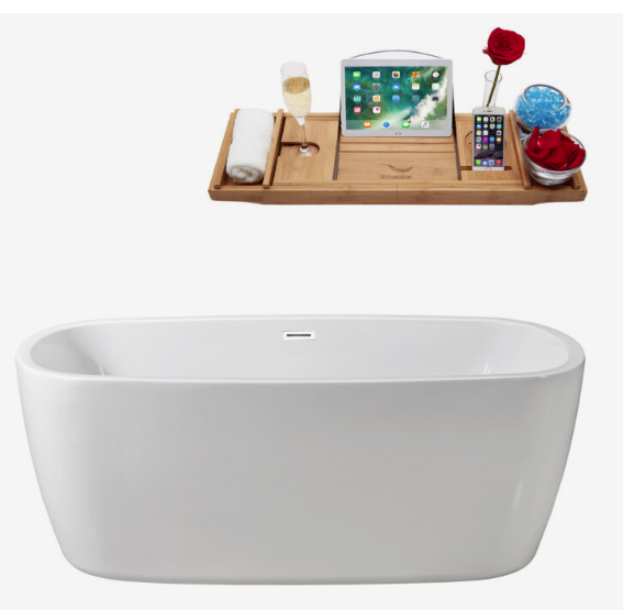 59" Streamline N780WH Soaking Freestanding Tub and Tray With Internal Drain