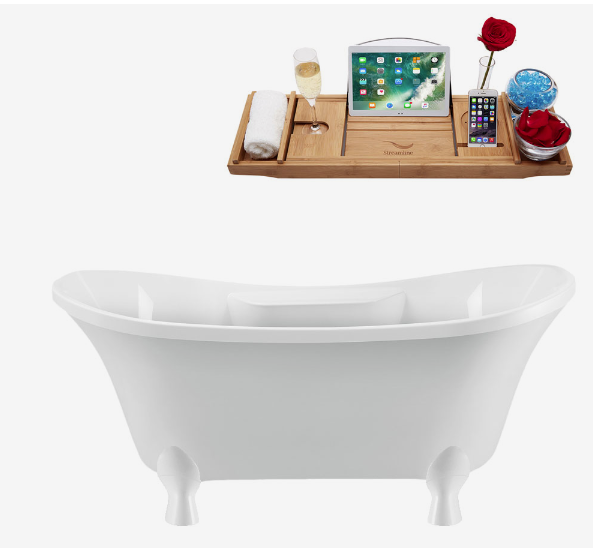 68" Streamline N903WH-WH Clawfoot Tub and Tray With Internal Drain