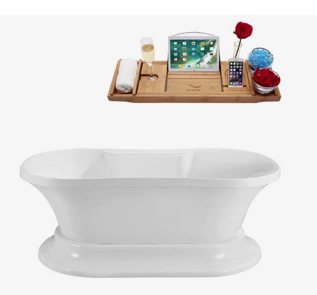 60" Streamline N181WH Soaking Freestanding Tub and Tray With Internal Drain